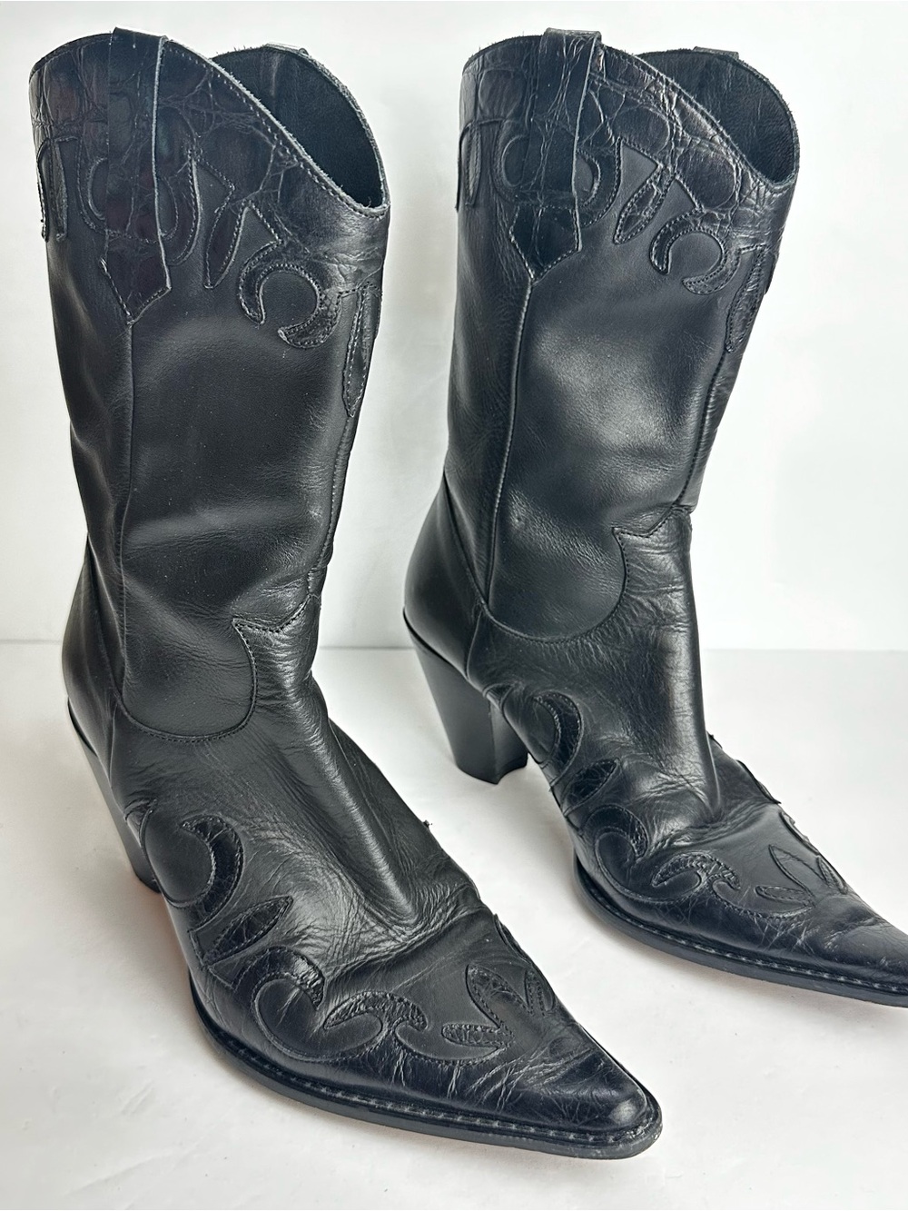 Vintage Charles David Black Leather Western Mid-Calf Boots Women's 8 EU 39 Zip